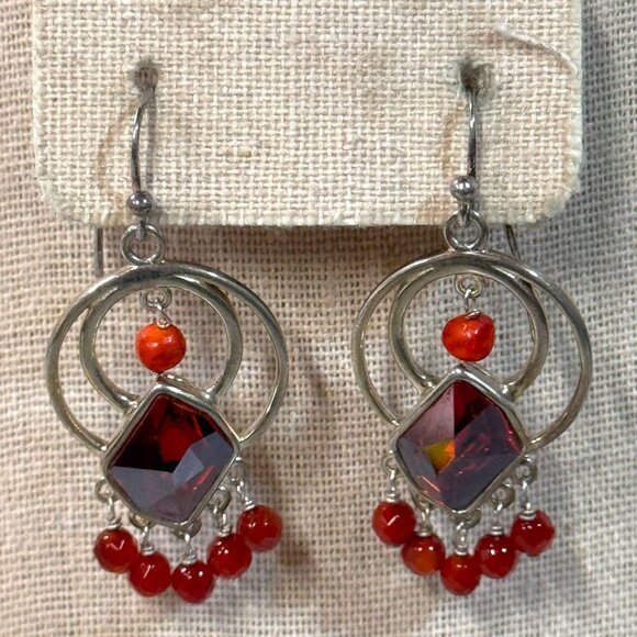 Sterling Silver Dangle Earrings Garnet Red Gemstones & Beads Chandelier Boho - Picture 1 of 5